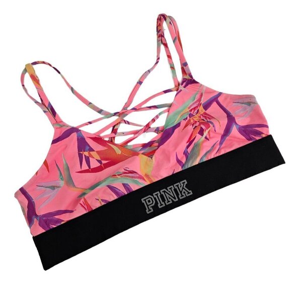 PINK Victoria's Secret Ultimate Unlined Pink Palm Leaf Floral Cage Sports Bra M - Picture 3 of 7